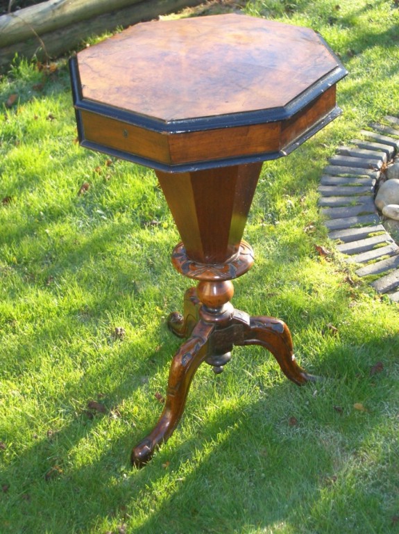 Antique Burr Walnut Trumpet Base Sewing Work Table