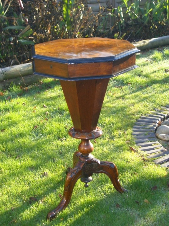 Antique Burr Walnut Trumpet Base Sewing Work Table