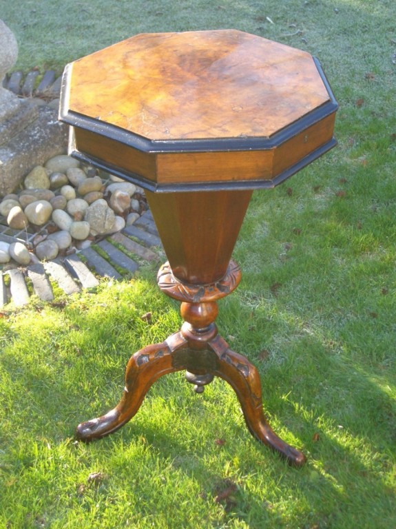 Antique Burr Walnut Trumpet Base Sewing Work Table
