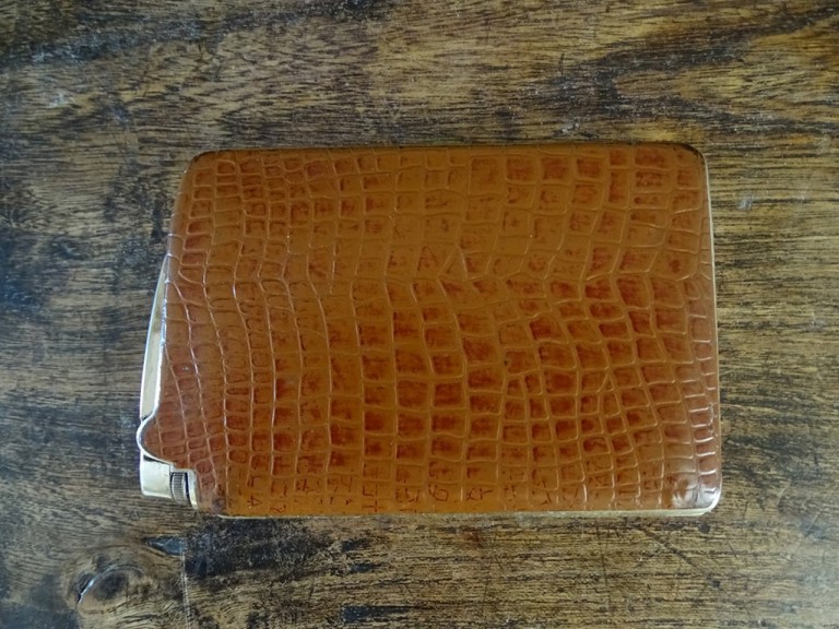 Vintage Lighter In Brown Crocodile Covered Cigarette Case 1970s G/p