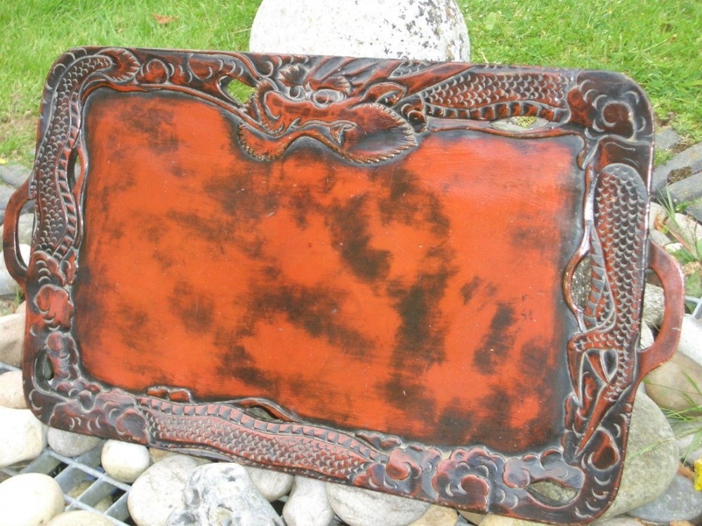Antique Chinese Lacquer On Wood With Carved Dragon Serving Tray